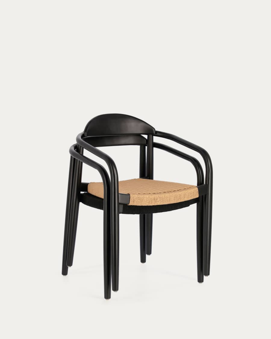 Nina stackable chair solid acacia wood with black finish and beige paper rope seat FSC100%