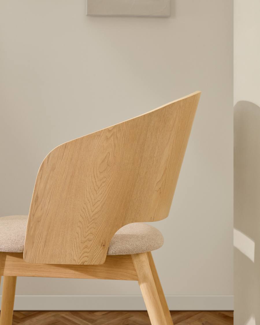 Senoa chair made of ash veneer and solid rubber wood with a natural finish and beige chenille