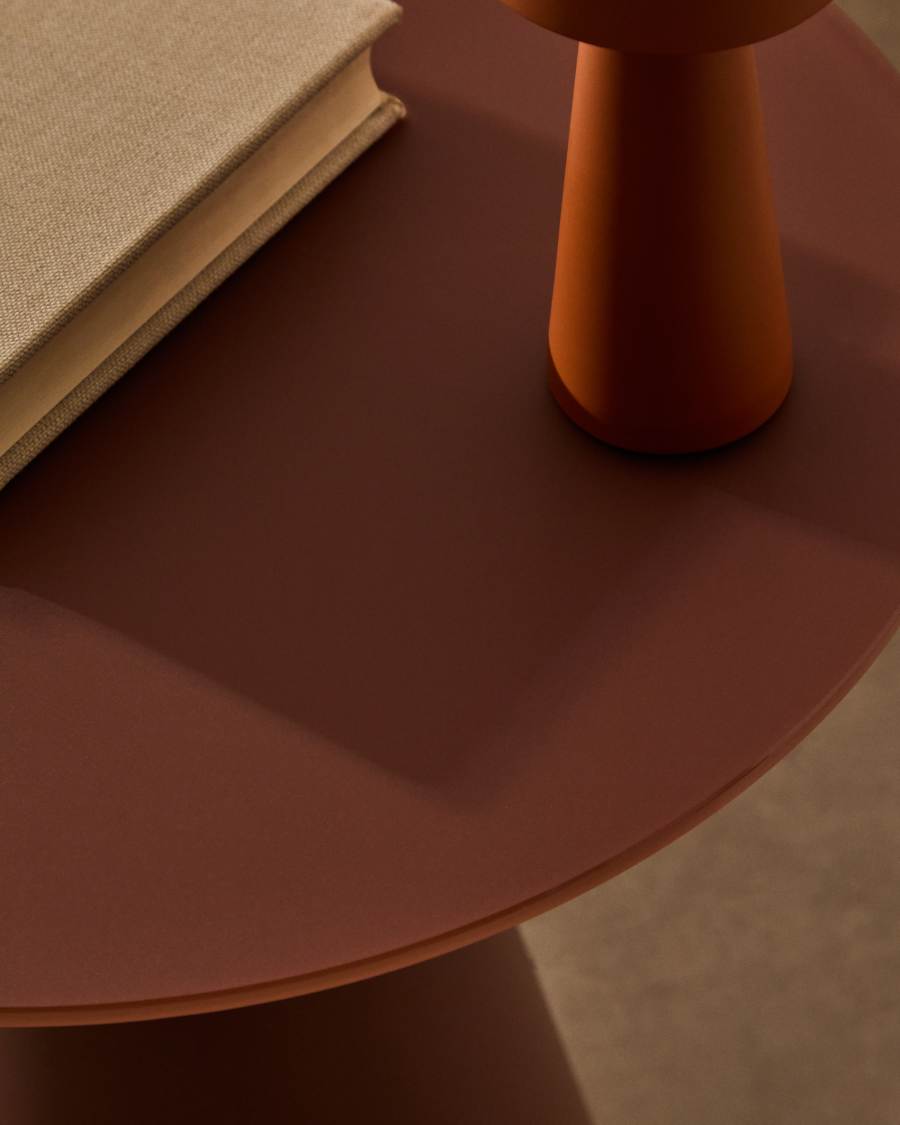 Wilshire side table with frosted tempered glass and matt terracotta painted steel finish Ø50cm