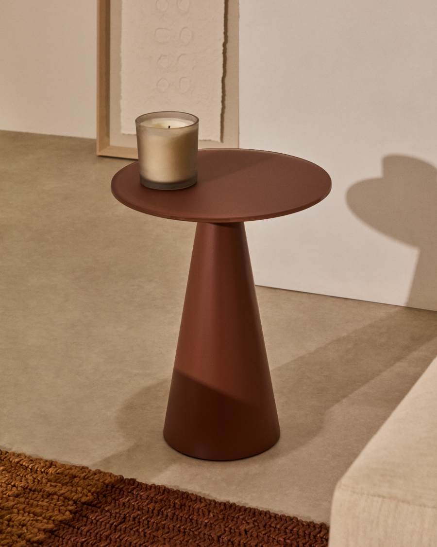 Wilshire side table with frosted tempered glass and matt terracotta painted steel finish Ø35cm