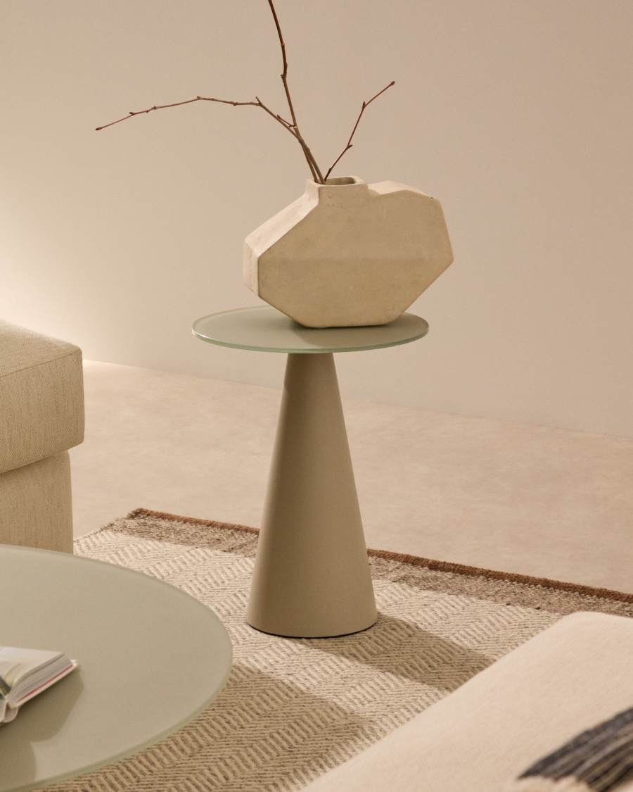 Wilshire side table with frosted tempered glass and steel with matt grey painted finish Ø35cm