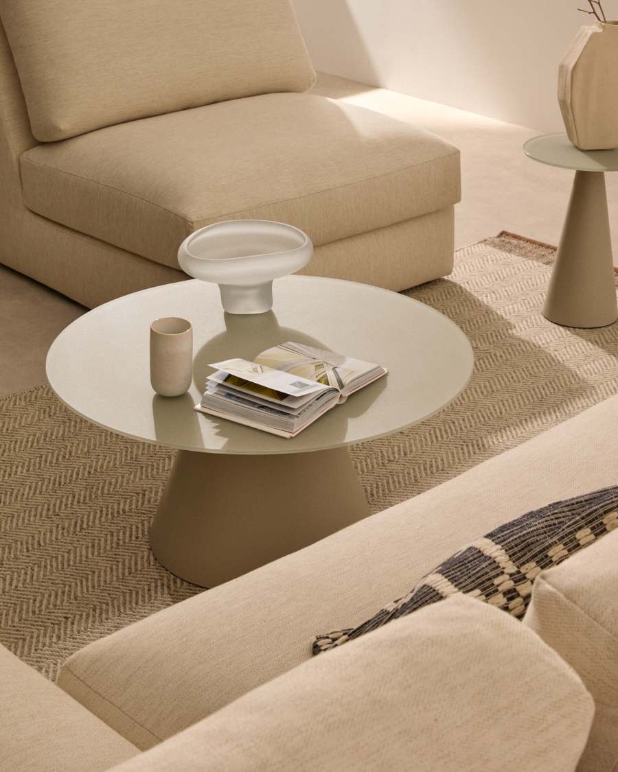 Wilshire salontafel van gehard glas en metaal, mat grijs, Ø 80 cm