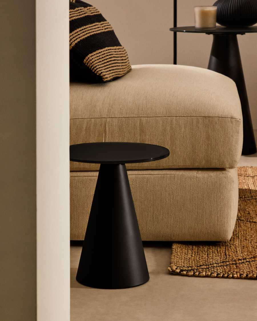 Wilshire Beistelltisch aus gehärtetem Milchglas und Stahl matt schwarz lackiert Ø30 cm