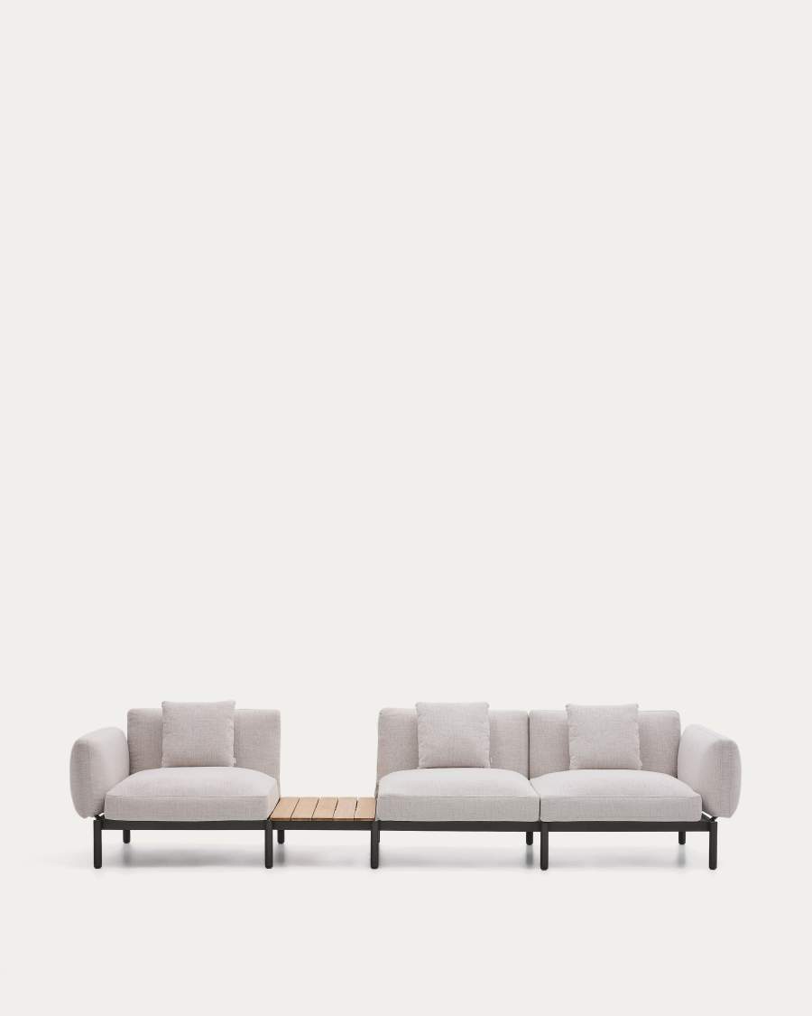 Sorells outdoor modular 3-seater sofa with beige upholstery and grey aluminium with teak table 341 x 113cm FSC 100%
