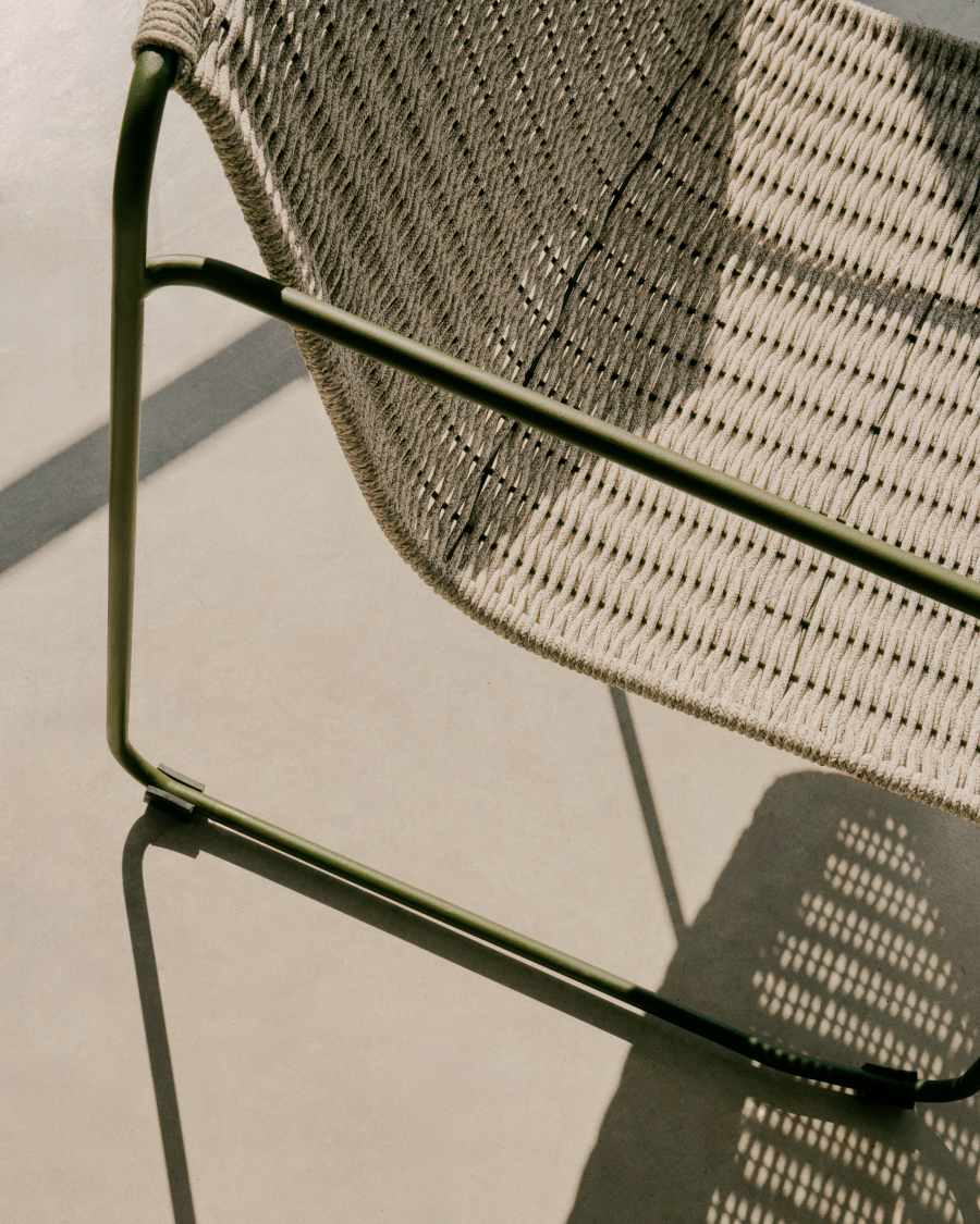 Maurina stackable armchair in green galvanised steel and ecru and grey rope cord