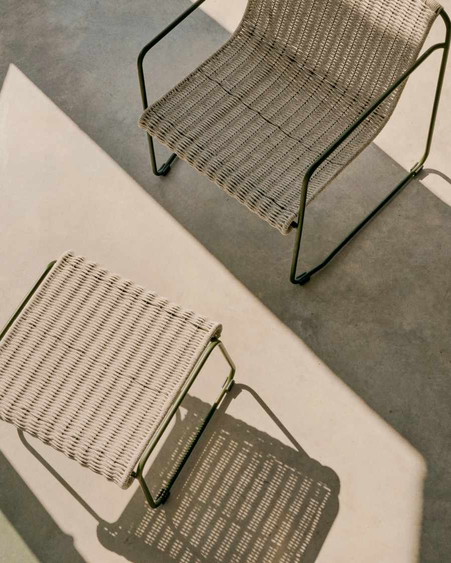 Maurina voetenbankje in groen gegalvaniseerd staal en ecru/grijs touw 58 x 52,5 cm