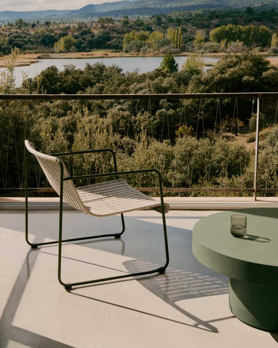 Maurina stackable armchair in green galvanised steel and ecru and grey rope cord