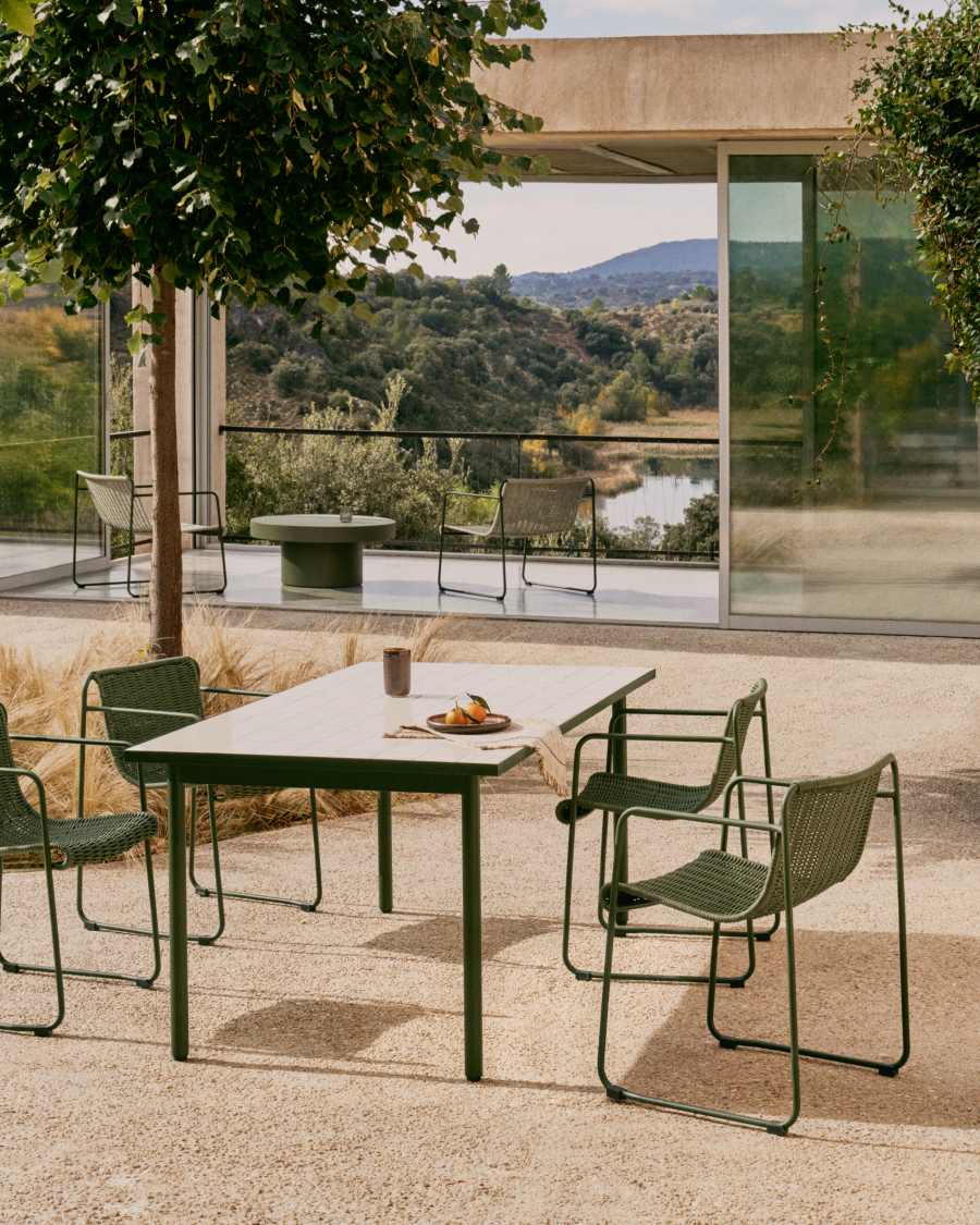 Maurina outdoor table in green galvanised steel with ecru-colored tiles 182 x 91cm
