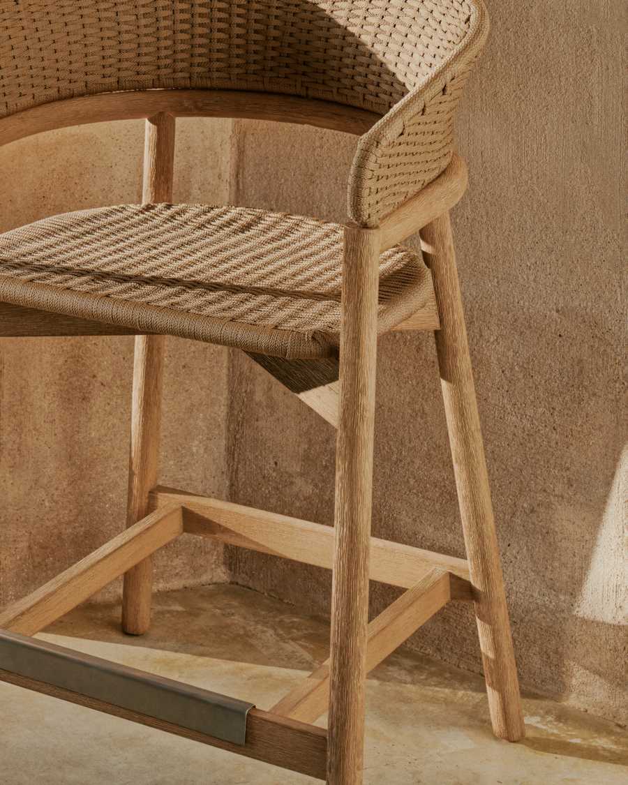 Arinella stool in FSC 100% solid acacia wood with natural finish and beige rope cord 65cm