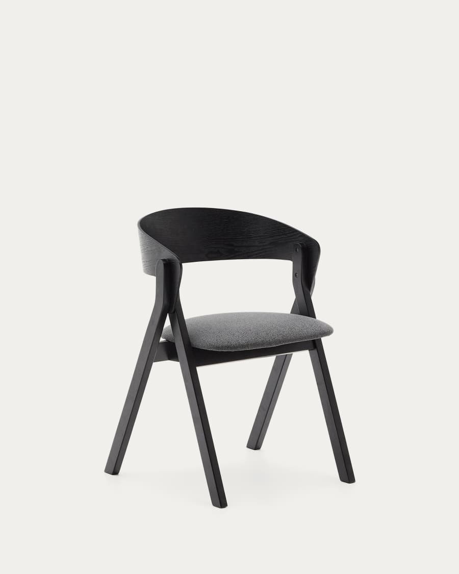 Godia chair in ash veneer with a black finish and grey chenille