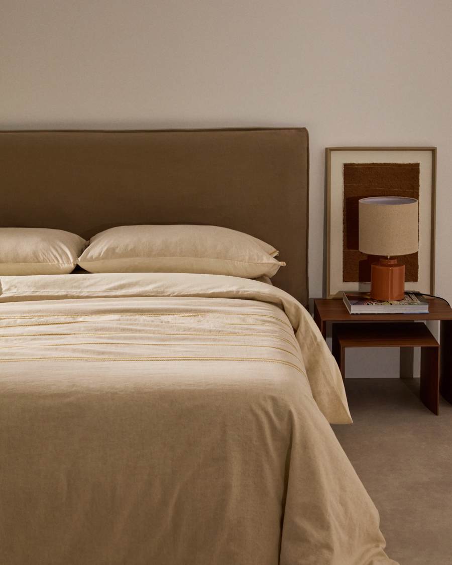 Linara Set of Duvet Cover and Pillowcases in Beige Cotton and Linen for 150 cm Bed