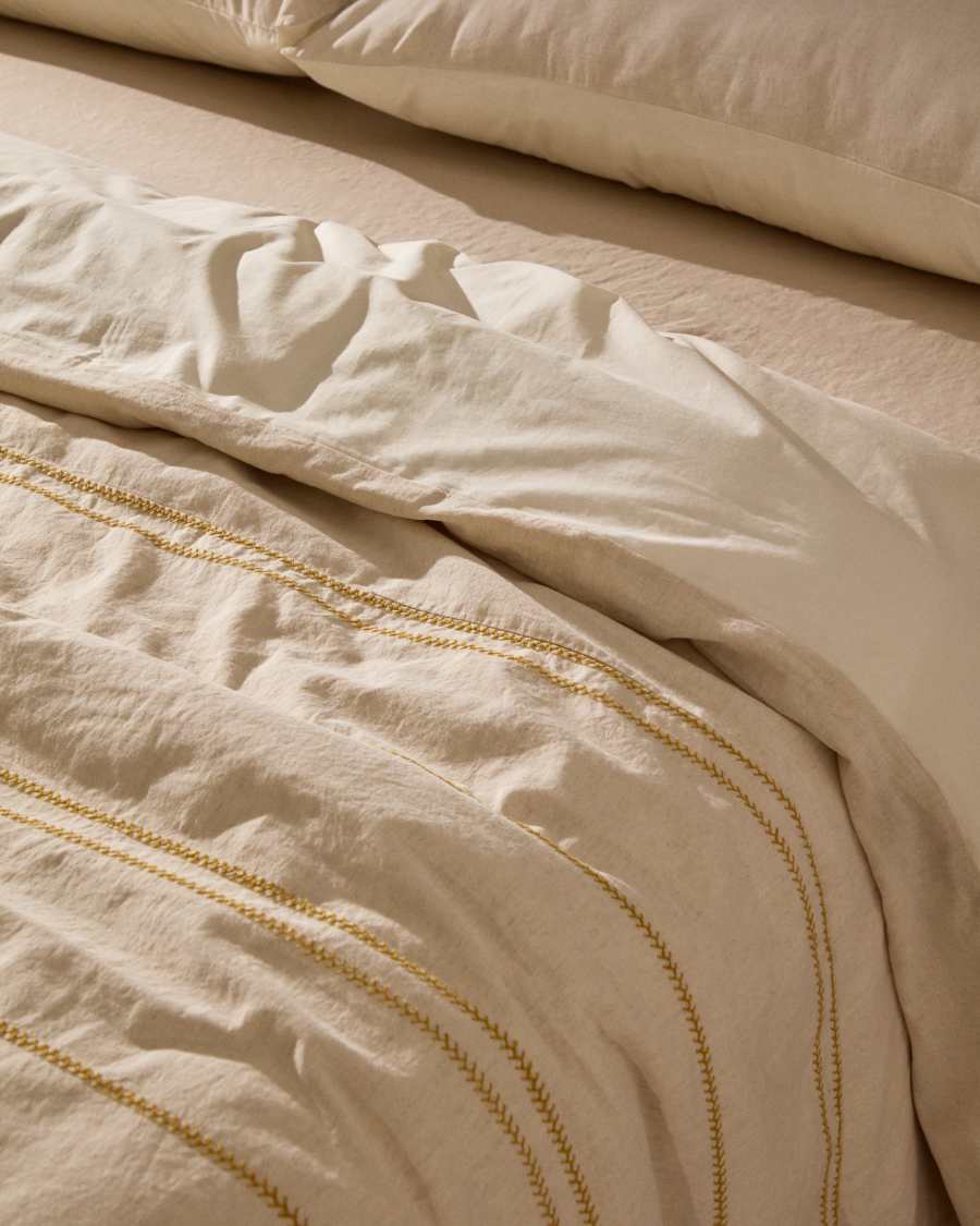 Linara Set of Duvet Cover and Pillowcases in Beige Cotton and Linen 90 cm Bed
