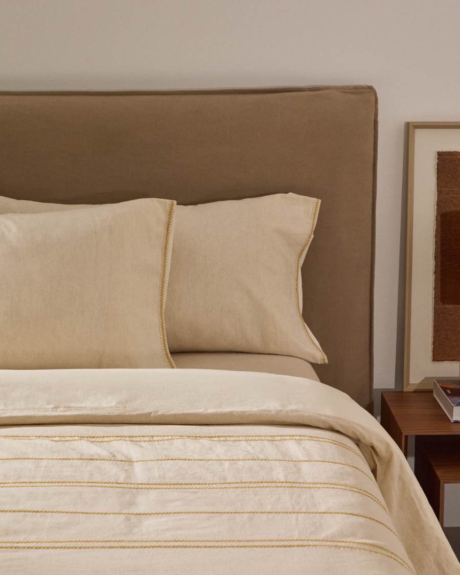 Linara Set of Duvet Cover and Pillowcases in Beige Cotton and Linen 90 cm Bed