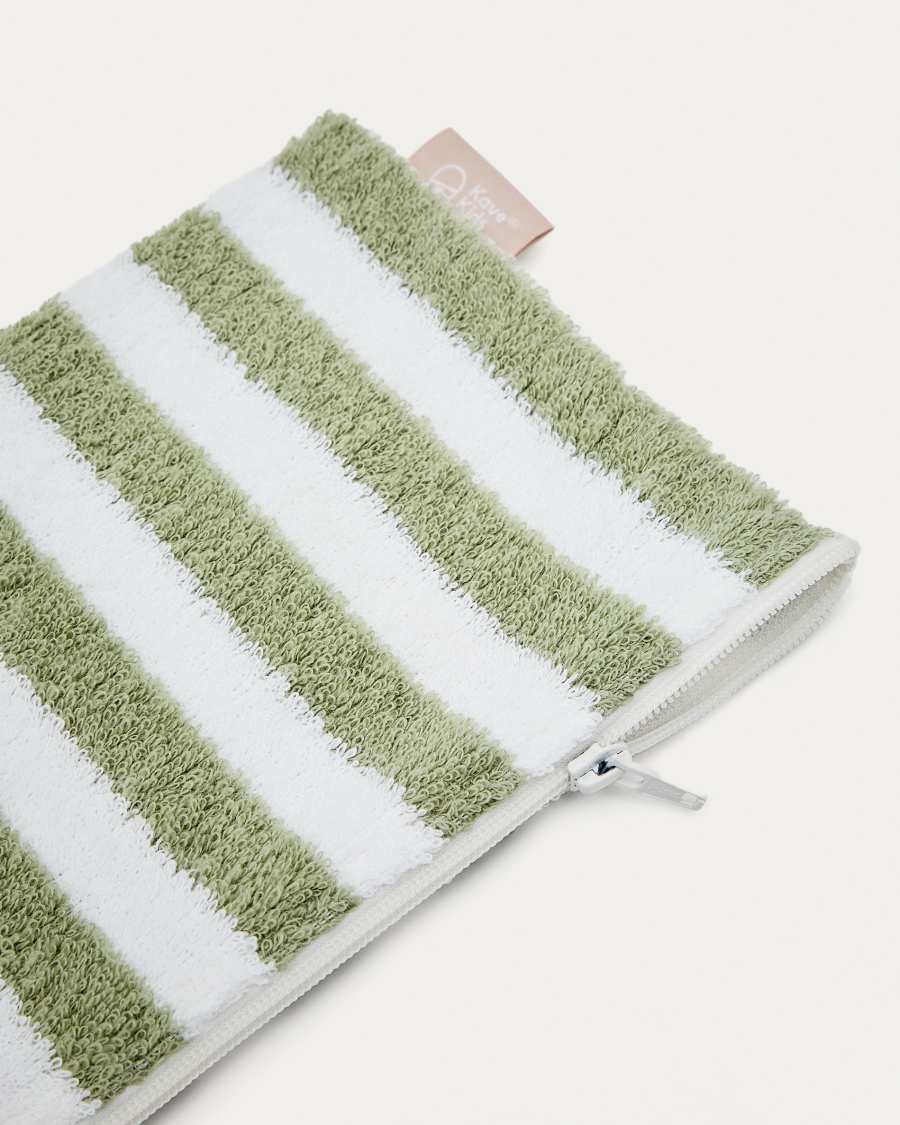 Kulturbeutel Nuni aus weiß und grün gestreifter Baumwolle