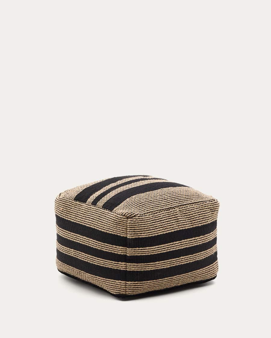 Aylin beige and black jute-embroidered cotton pouf cover 60 x 60 cm
