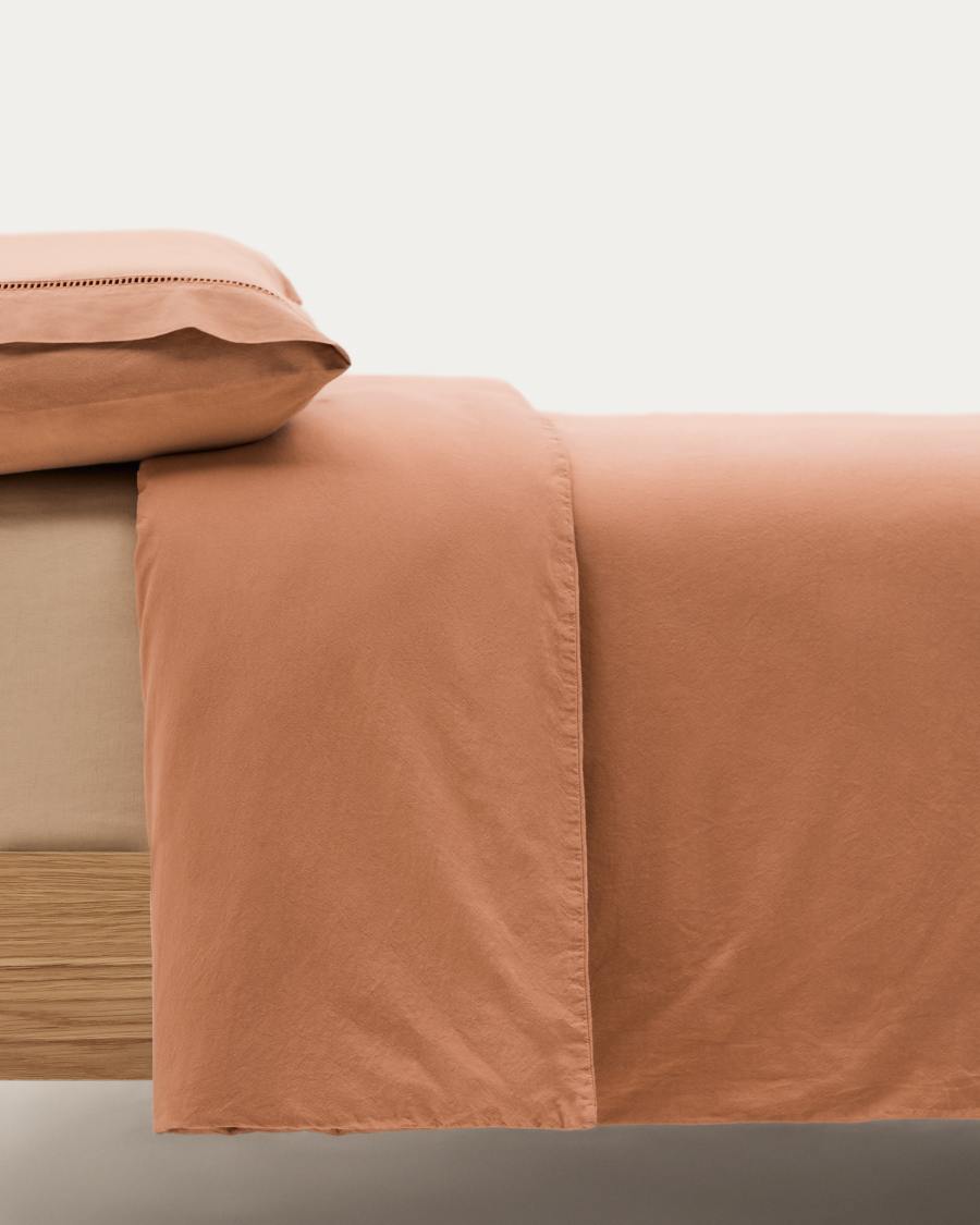 Caline Set of Duvet Cover and Pillowcase in 100% Percale Cotton Terracotta for 90 cm Bed