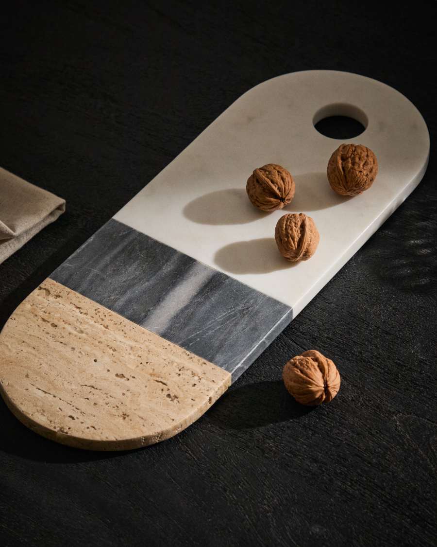 Nivol large serving board in white and black marble and travertine