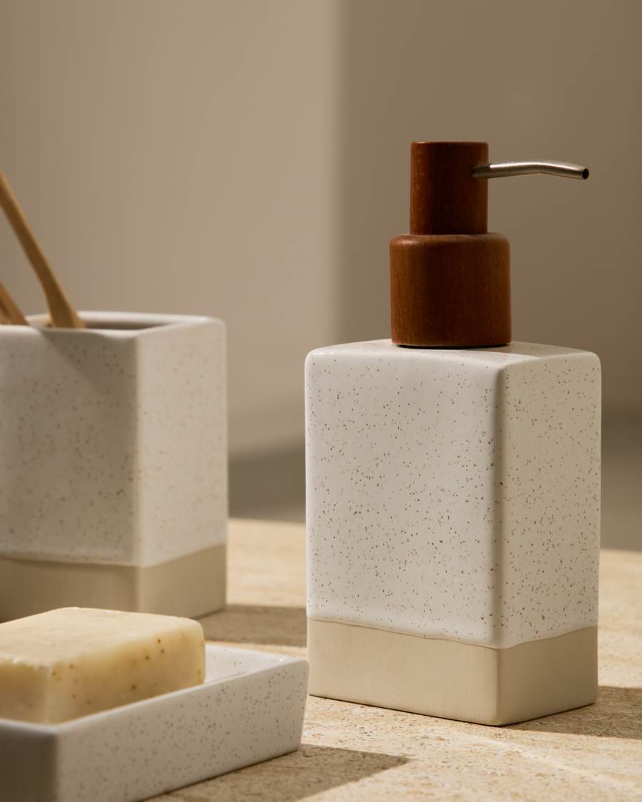 Careli soap dispenser in beige stoneware and acacia wood