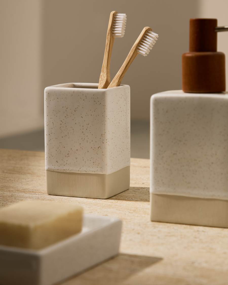Careli beige stoneware toothbrush holder
