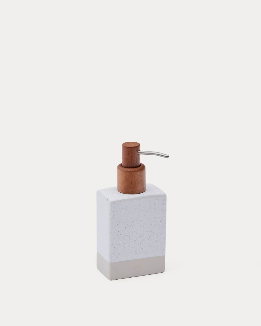 Careli soap dispenser in beige stoneware and acacia wood