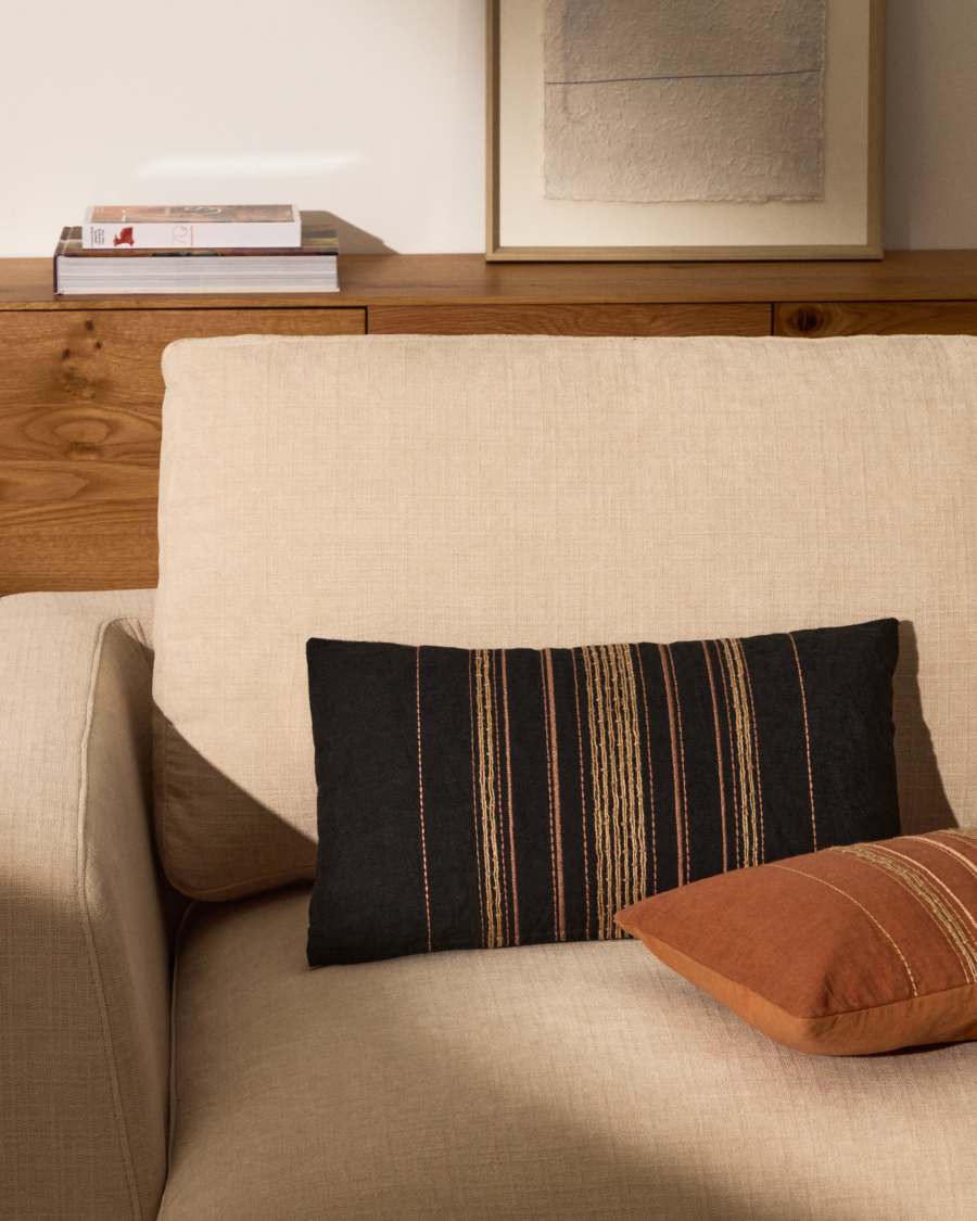 Sairu linen cushion cover with black and beige jute embroidery 30 x 50cm