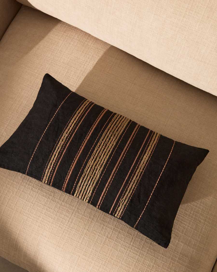 Sairu linen cushion cover with black and beige jute embroidery 30 x 50cm