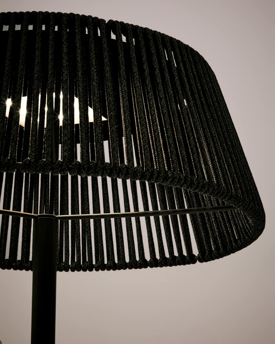 Aldet outdoor solar floor lamp in black and green mottled rope cord with black metal stand Ø46cm