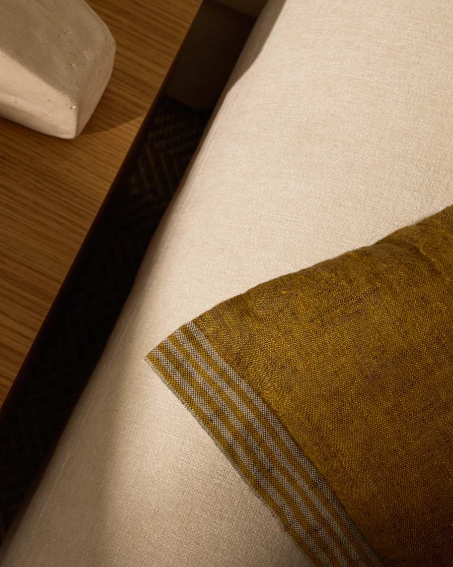 Niven mustard 100% melange linen cushion cover with side stripes 45 x 45cm