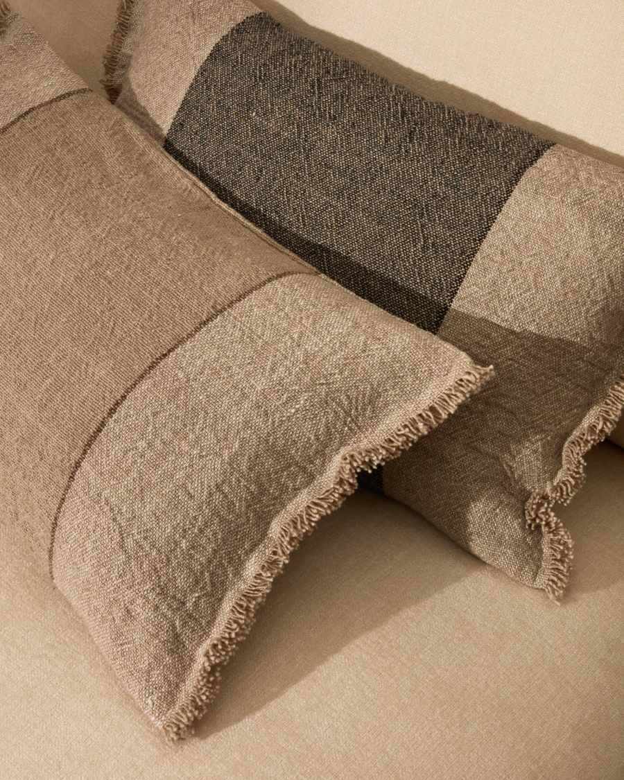 Lorin beige linen cushion cover with fringing 30 x 50cm