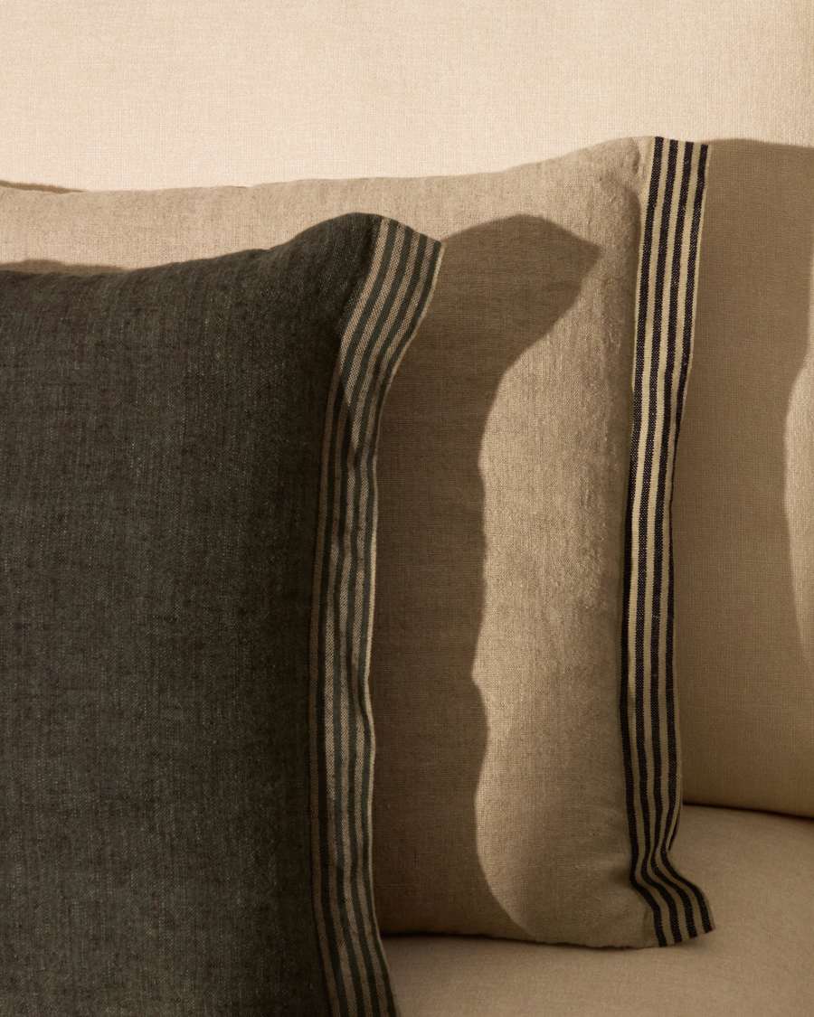 Niven green 100% melange linen cushion cover with side stripes 45 x 45cm