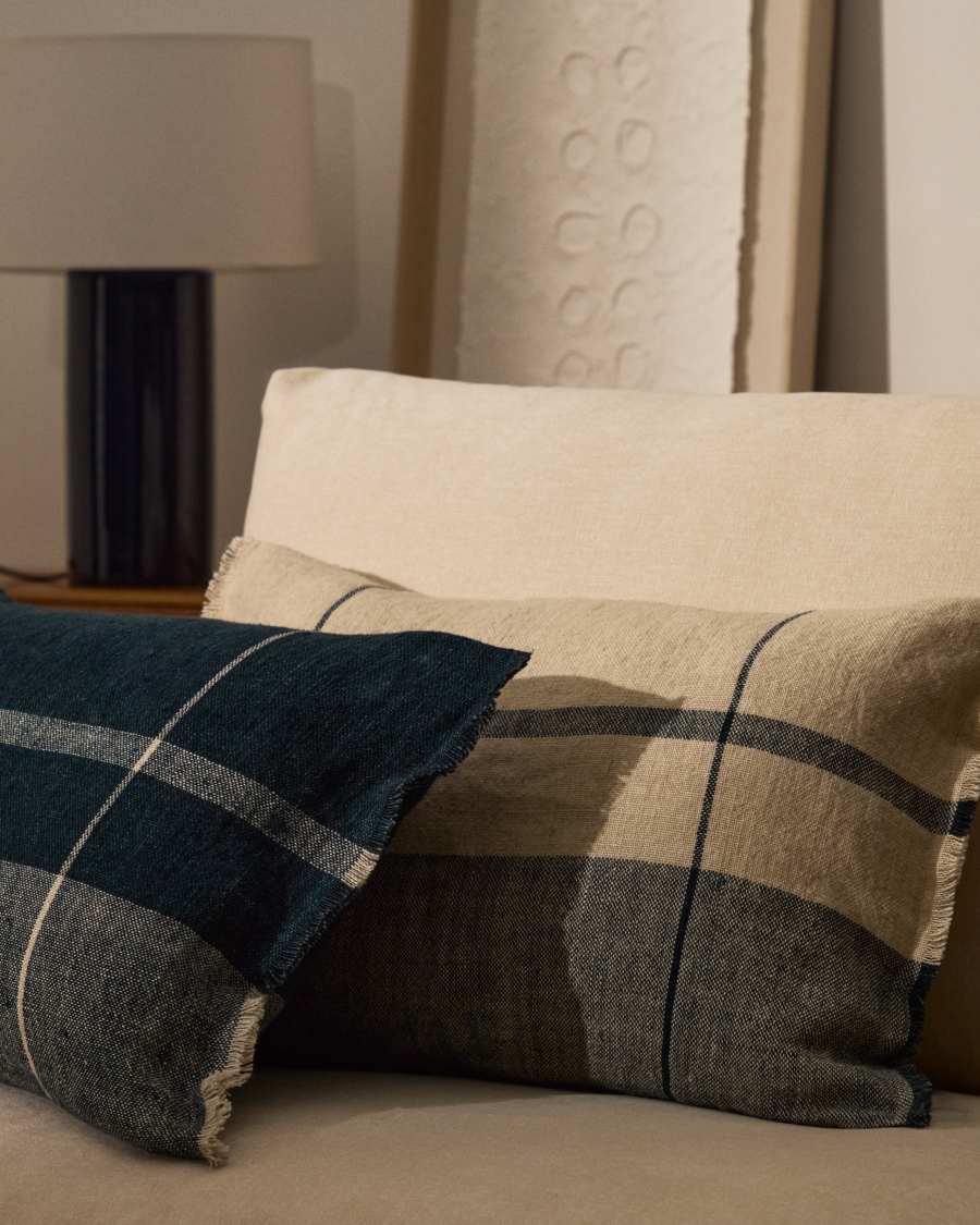 Eron beige and blue checked linen cushion cover with fringing 40 x 60cm