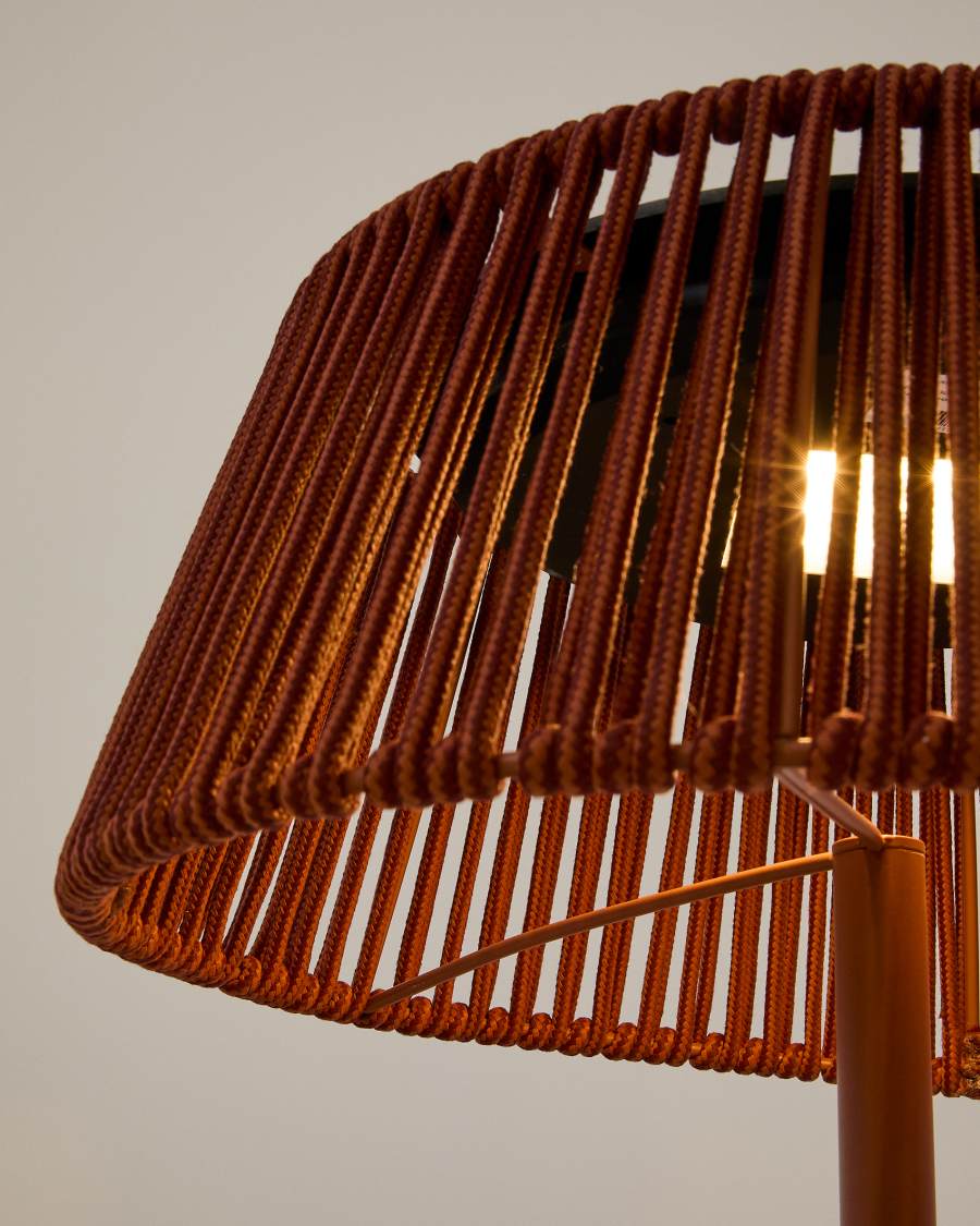 Aldet outdoor solar floor lamp in terracotta mottled rope cord with terracotta metal stand Ø46cm