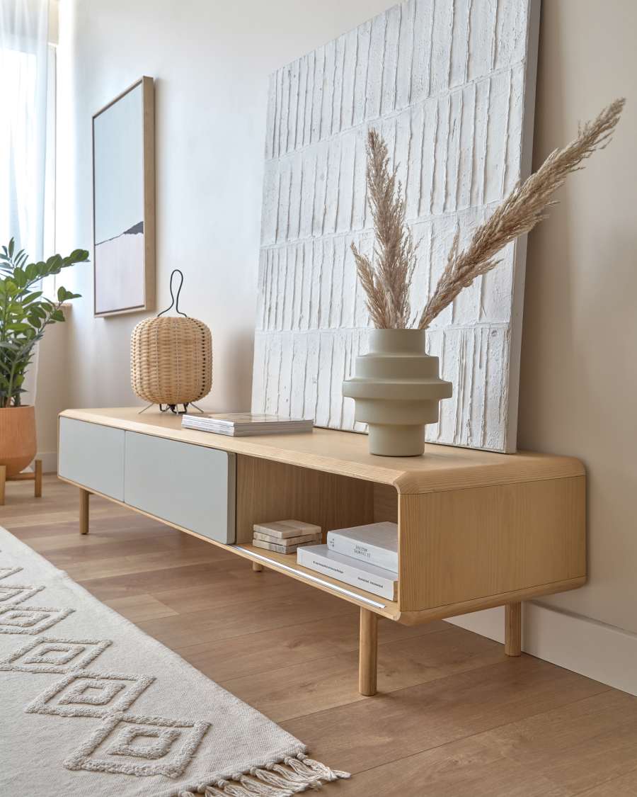 Meuble TV Anielle 2 portes en bois et placage de frêne 180 x 41 cm