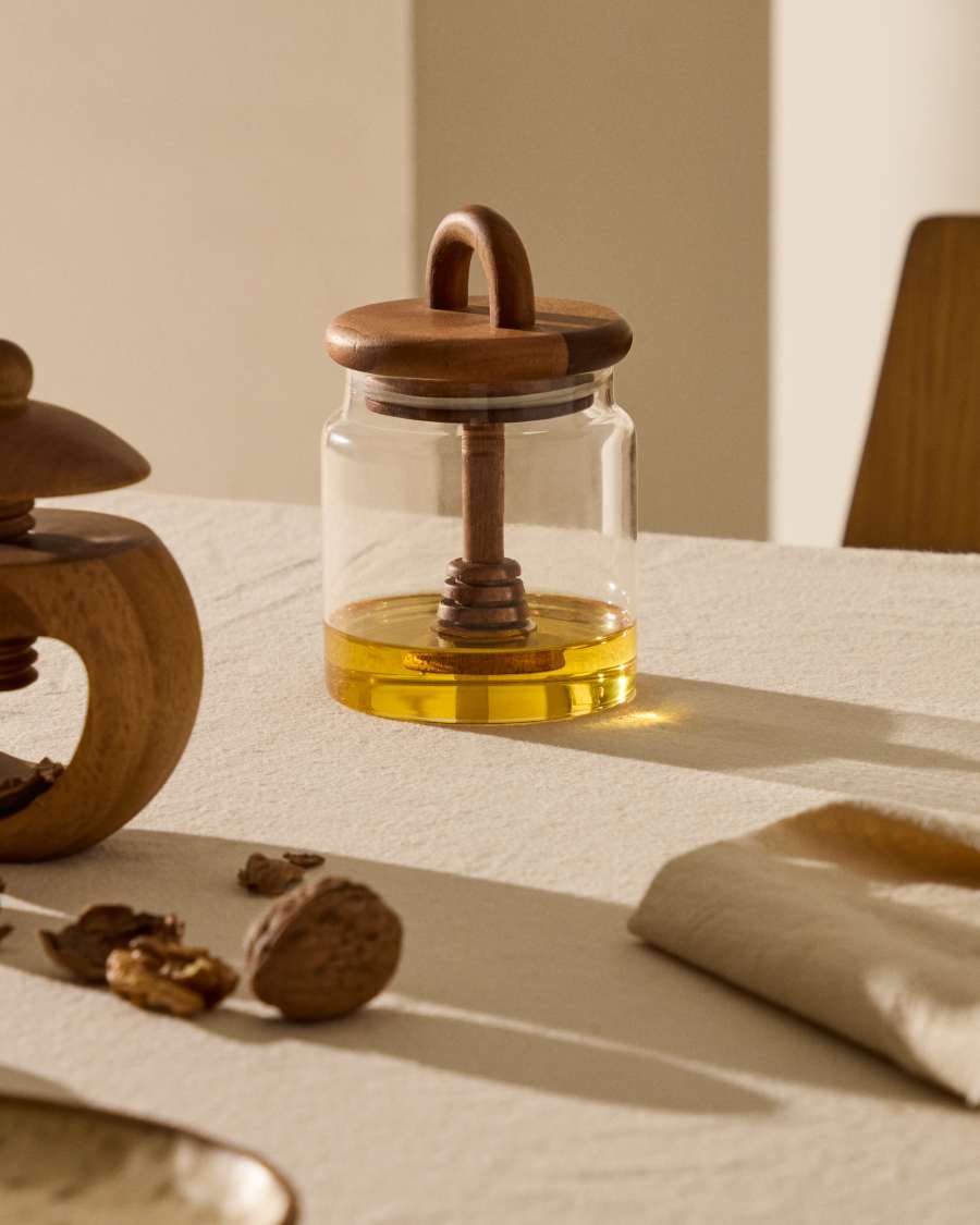 Pot à miel Nukha en verre et bois d'acacia FSC 100 %