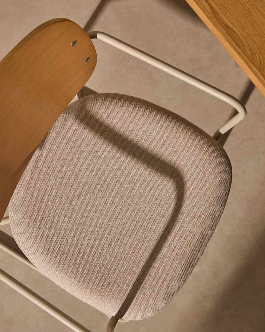 Meli chair in ash veneer with beige chenille seat and beige metal structure FSC Mix Credit