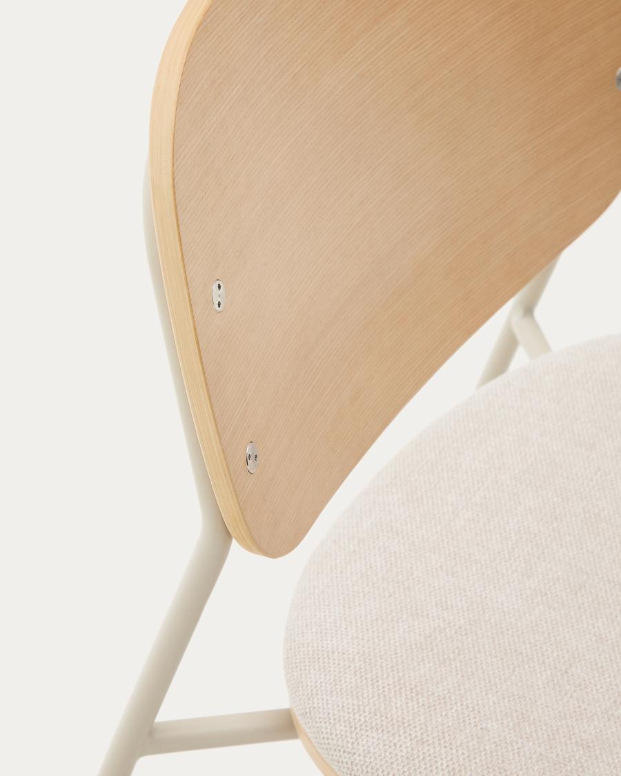 Meli stackable chair in poplar plywood with beige chenille seat and beige metal legs FSC Mix Credit