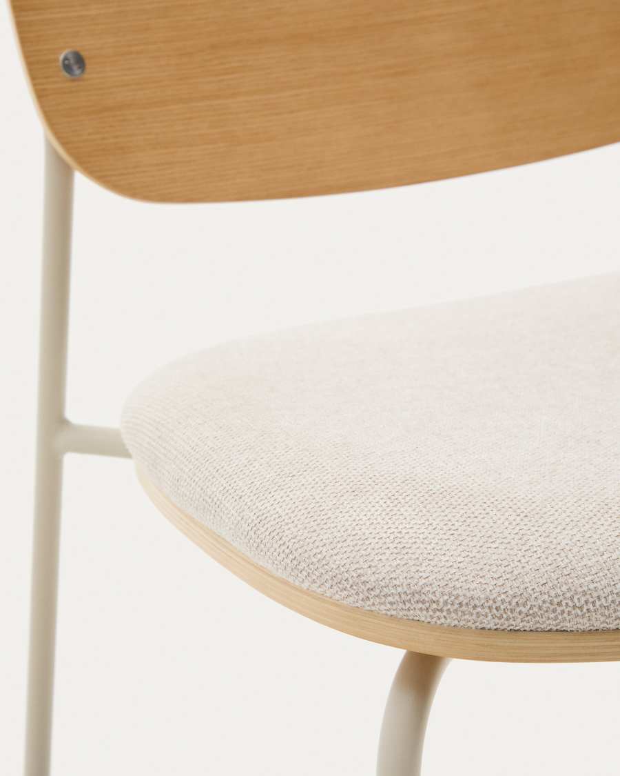 Meli stackable chair in poplar plywood with beige chenille seat and beige metal legs FSC Mix Credit