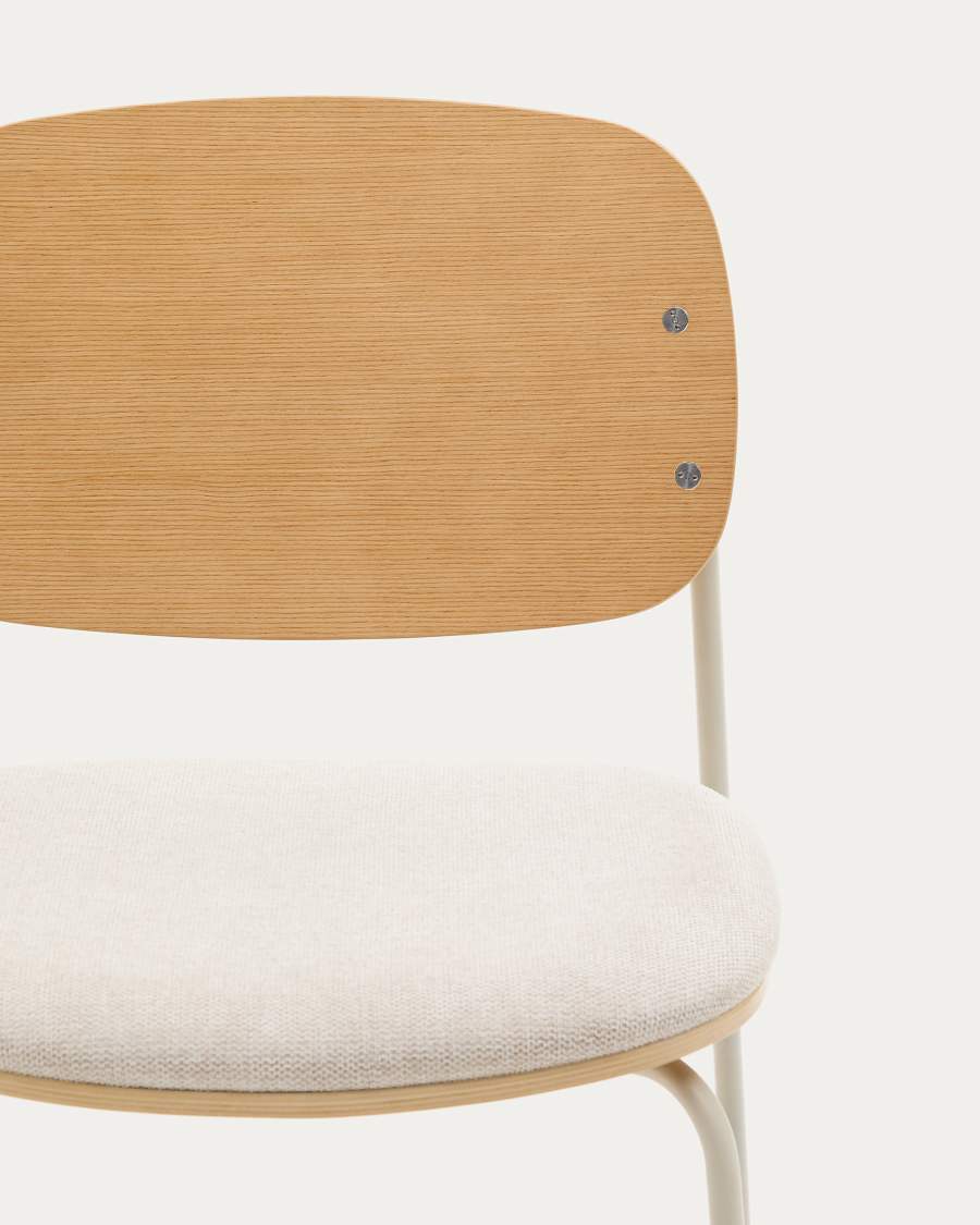 Meli stackable chair in poplar plywood with beige chenille seat and beige metal legs FSC Mix Credit