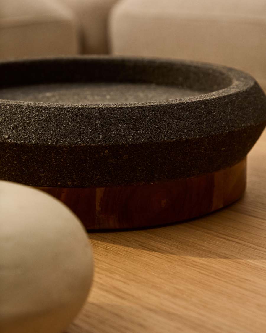 Naro centrepiece in black stone and teak wood Ø30cm
