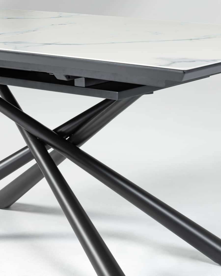 Theone ausziehbarer Tisch Feinsteinzeugplatte weiß schwarze Stahlbeine 160 (210) x 90 cm