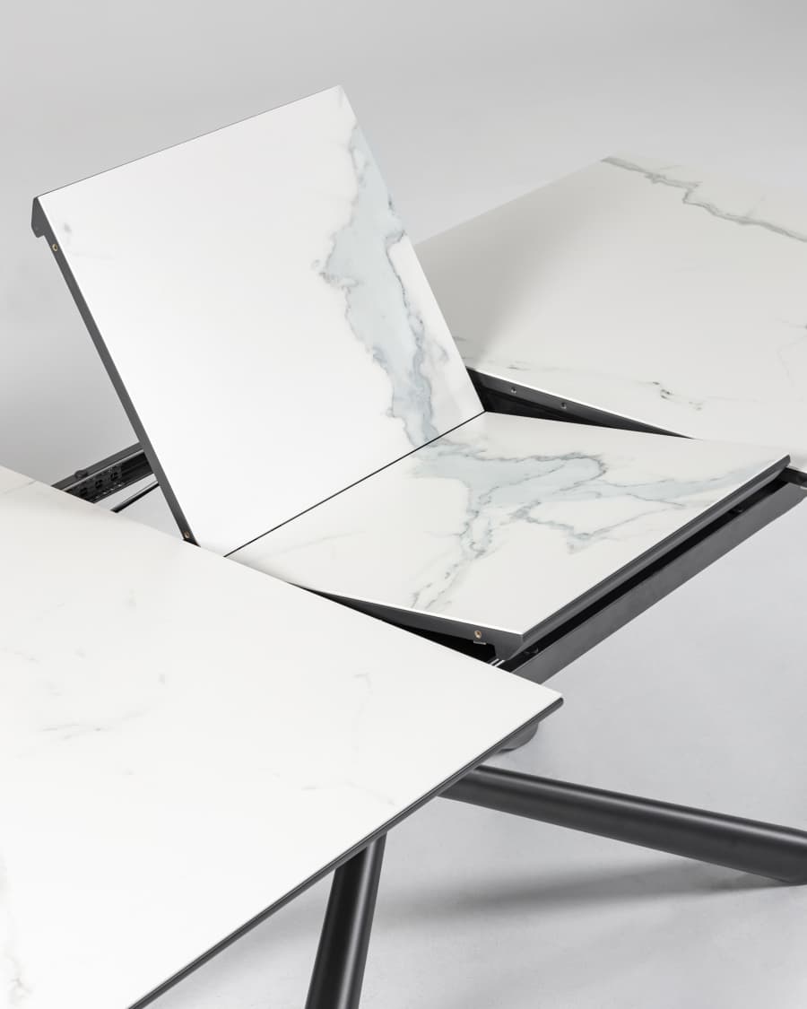 Theone ausziehbarer Tisch Feinsteinzeugplatte weiß schwarze Stahlbeine 160 (210) x 90 cm