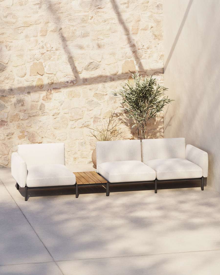 Sorells outdoor modular 3-seater sofa with beige upholstery and grey aluminium with teak table 341 x 113cm FSC 100%