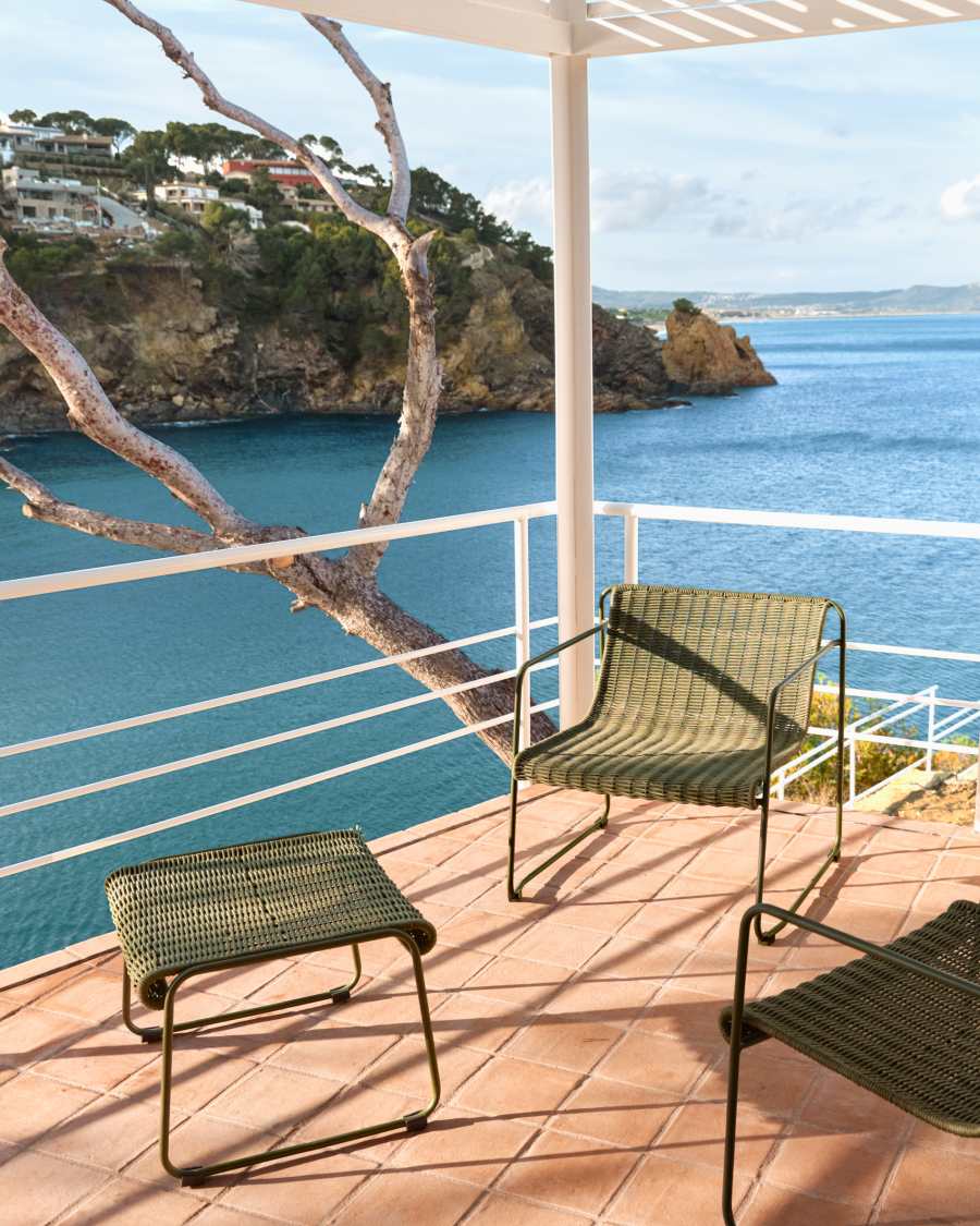 Maurina stackable armchair in green galvanised steel and green rope cord