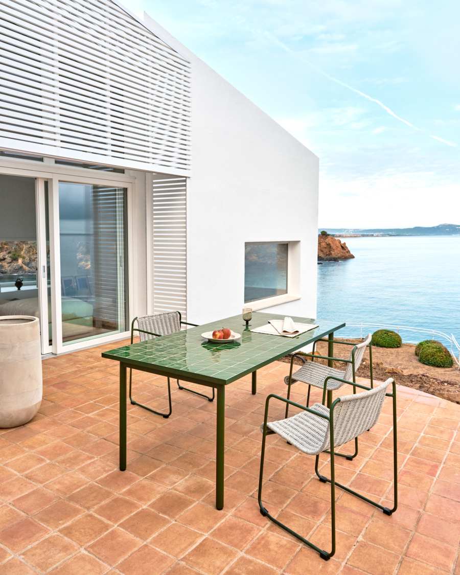 Maurina outdoor table in green galvanised steel with green tiles 182 x 91cm