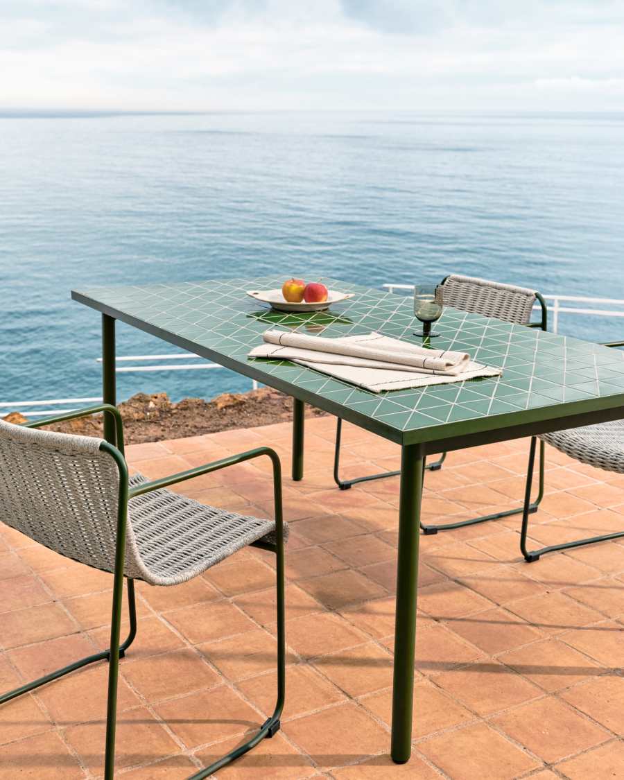 Maurina outdoor table in green galvanised steel with green tiles 182 x 91cm