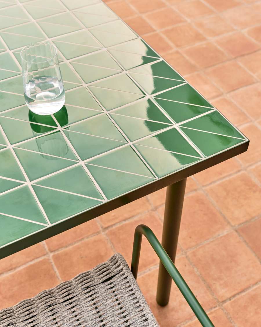 Maurina outdoor table in green galvanised steel with green tiles 182 x 91cm
