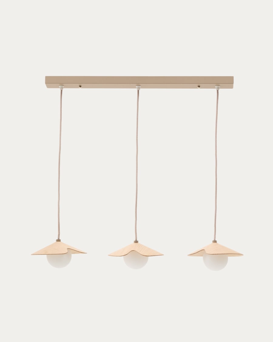 Lampada da soffitto Wilara in impiallacciatura di rovere con 3 perle di vetro fumé bianco