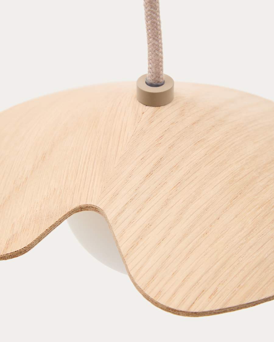 Lampada da soffitto Wilara in impiallacciatura di rovere con 3 perle di vetro fumé bianco