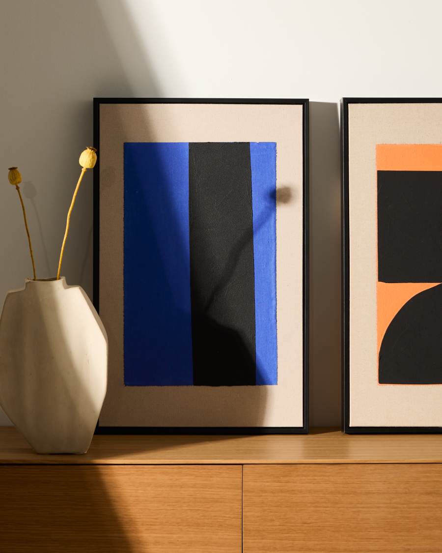 Abstraktes Bild Zernu aus handbemaltem Leinen mit vertikaler Linie blau und schwarz 42 x 65 cm