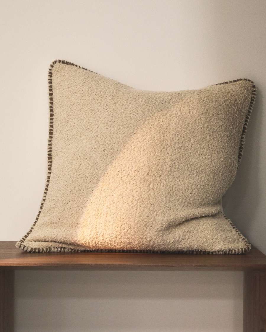 Enari beige cotton cushion cover with contrasting brown trim 50 x 50cm